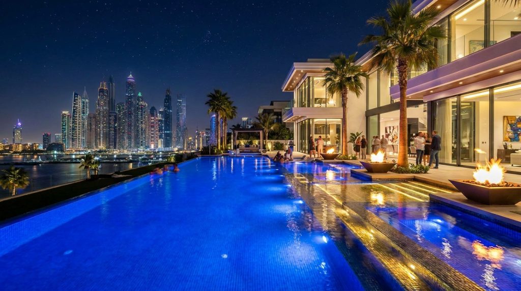 “Luxury mansion infinity pool glowing at night with city skyline background”