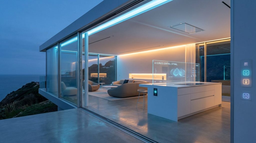 “Smart luxury home with glass walls, futuristic interior, AI-controlled lighting, minimal aesthetic”